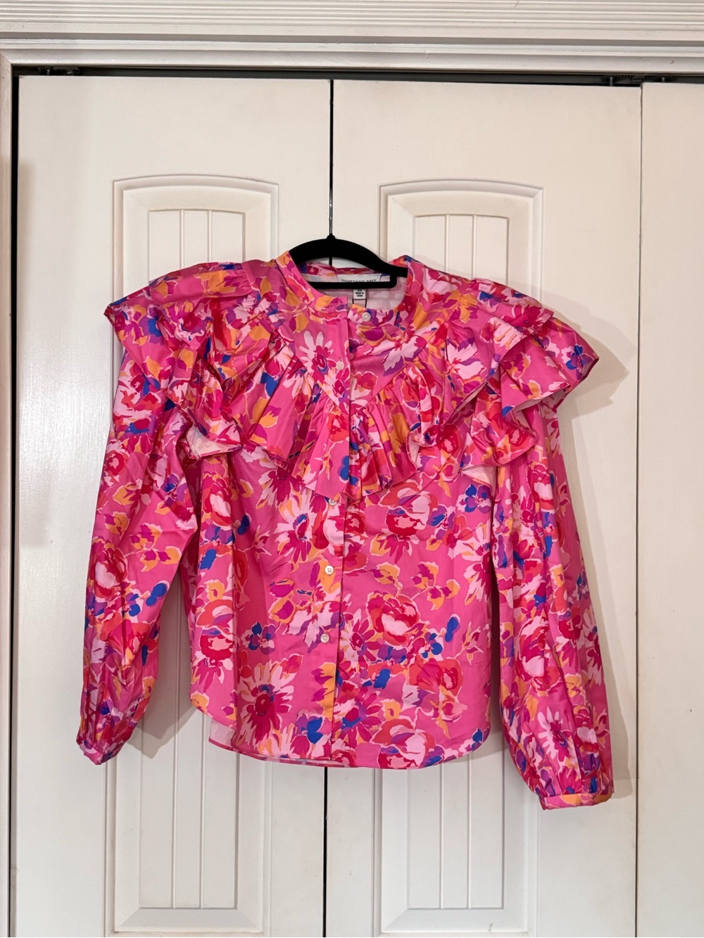 Something Navy Pink Floral Ruffle-Shoulder Blouse oversized
